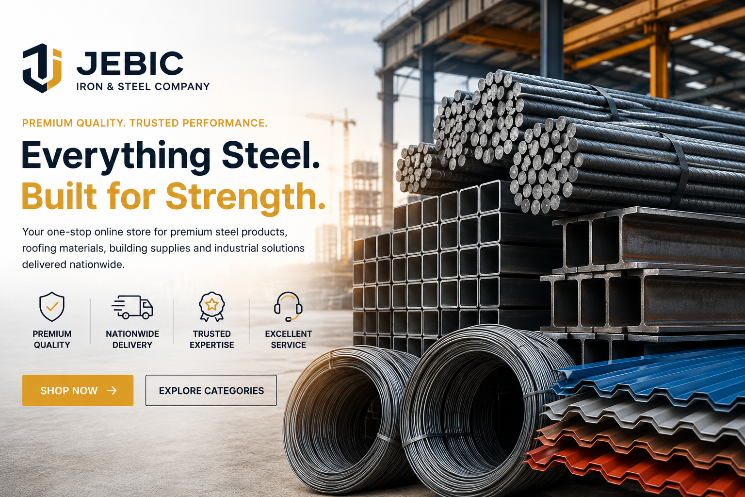 Premium iron and steel products arranged for industrial supply